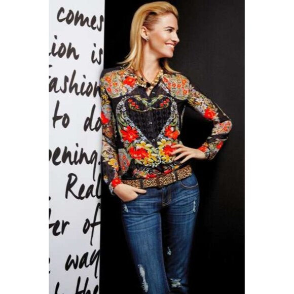 Cabi Womens Amour Sheer Tunic Blouse Size S Black Floral Button-Up Boho Casual - Picture 2 of 16